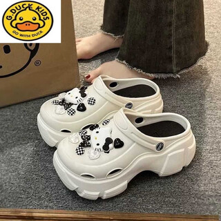 G.DUCKKIDS可爱儿童洞洞鞋女童夏外穿防滑超厚底2025新款室内eva包头拖鞋女 踩屎感厚底KT小猫-白色 32 -33【6.0高跟】