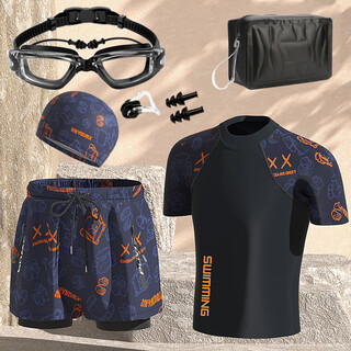 Swimsuit suit for boys, teenagers, fat kids, training swimming trunks to prevent embarrassment for high school and junior high school students swimming plus size, orange six-piece set of swimming goggles, earplugs, nose clip + bag xl xl95-120jin jin is equal to 0.5 kg
