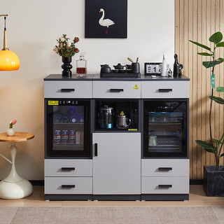 2025 new smart tea bar machine with refrigerator, disinfection, freezing, refrigeration, drinking water and ice machine, office use combination cabinet, gray hot and cold type, three-door refrigeration/sterilization/health group 420*470*1090