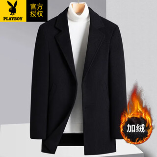 Playboy (playboy) woolen coat men's autumn and winter new thick youth short plus velvet business casual woolen woolen woolen coat for men black cotton xl