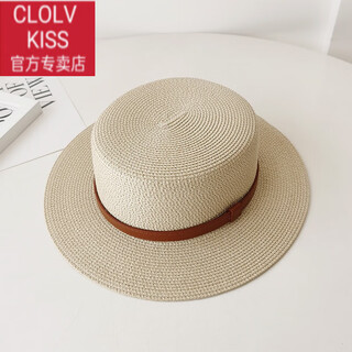 Clolv kiss french flat-top straw hat women's retro british face-showing small summer hat korean version of the seaside sunscreen beach hat sunshade beige adjustable