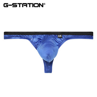 G-station satin feel, silky and comfortable super shine sexy men's thong with bulging bag singlet too small blue l