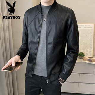 Playboy (playboy) high-end leather jacket men's spring and autumn trendy casual leather jacket short retro slim motorcycle men's leather jacket black l