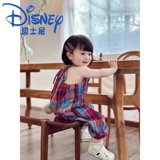 Disney korean style baby girl internet celebrity plaid jumpsuit trendy summer style children's clothing cute bunny tail girl suspender red and blue plaid pants 100 cm