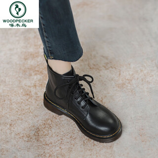 Woodpecker full leather martin boots for women british style 2025 new versatile motorcycle thick-soled short boots street single boots black 6 holes single lace style 37