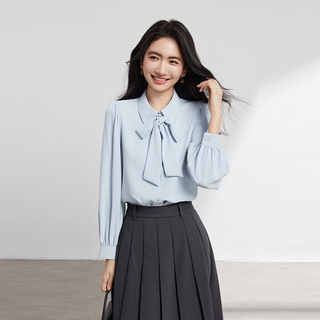 Lady bird blue shirt women's chiffon bow ribbon professional wear formal inner top interview shirt