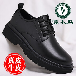 Woodpecker black casual leather shoes men's genuine leather 2025 new spring british style business formal wear big toe work trendy shoes black four seasons 717 woodpecker 45