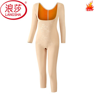 Langsha autumn and winter plus velvet thickened one-piece warm body shaping garment belly controlling waist lifting buttock body shaping clothes women's german velvet quick heating clothes skin color (added velvet belly controlling open crotch style) xl suitable (90-110jin jin is equal to 0.5kg)