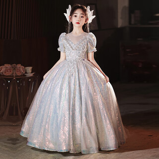 Simiaoxing girls dress light luxury niche high-end flower girl wedding host piano playing children's birthday party princess dress silver gray 150