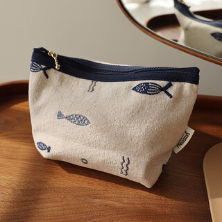 Miucatch embroidered cosmetic bag japanese simple storage bag travel portable zipper clutch ethnic style liner bag embroidered fish 21*7.5*13.5cm khaki 1 piece