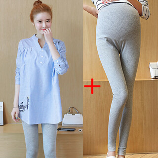 Maternity wear spring and autumn 2021 new maternity dress pure cotton shirt long-sleeved top t-shirt set 867 blue long-sleeved top + gray trousers set xl suitable for about 130-145 jin jin equals 0.5 kg