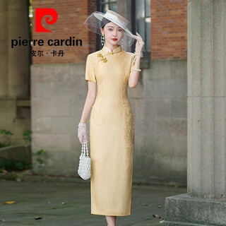 Pierre cardin 2025 new summer style interwoven mulberry silk high-end long cheongsam daily improved new chinese style national style dress champagne color 2xl 120jin jin equals 0.5kg -130jin jin equals 0.5kg