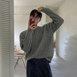 David&me heavy woven twist henley neck sweater men's spring and autumn new korean style lazy high-level loose pullover gray m