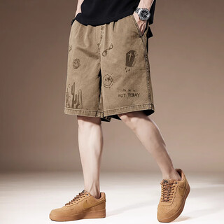 Chaotishi high-end american retro graffiti shorts men's summer heavyweight pure cotton loose casual mid-pants overalls five-point pants men's khaki xl 145-160jin jin is equal to 0.5 kg