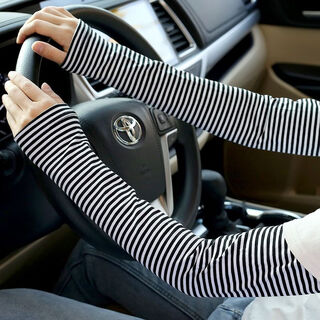 Changyin summer breathable sunscreen hand sleeves for men and women pure cotton long driving and riding thin elastic sleeves arm sleeves black and white stripes (straight style)