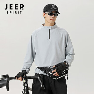 Jeep spirit sports long-sleeved men's spring and summer breathable quick-drying half-zip t-shirt men's outdoor training sports top cycling jersey light gray m