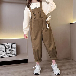 Zuo feiluo girls suit spring and autumn 2025 western fashionable long sleeve suit internet celebrity big children's overalls two-piece set trendy khaki overalls 130