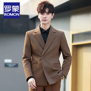 Romon men's casual suit suit men's business casual korean style slim and handsome double-breasted trendy groom's wedding suit coffee color single suit xl recommended 120-130jin jin equals 0.5 kg