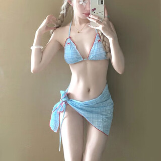 Nine-inch sunshine new swimsuit for girls cute girl retro plaid three-piece skirt bikini split small breast swimming spa blue plaid (three-piece set) one size (recommended weight 120jin jin is equal to 0.5 kg)