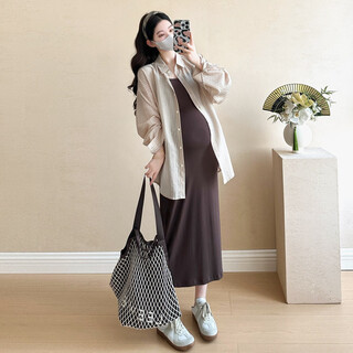 Ariana grande 2025 spring and autumn new maternity skirt korean style loose long sleeve striped shirt temperament trendy mom mid-length striped shirt + brown suspender skirt set xl