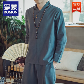 Romon spring linen long-sleeved t-shirt suit men's new chinese style retro tang suit zen suit tea suit home office suit cotton and linen two-piece set dark green 4xl