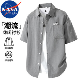 Nasa marvel short-sleeved shirt men's summer trendy brand quick-drying lightweight breathable jacket lapel ice top ash xl