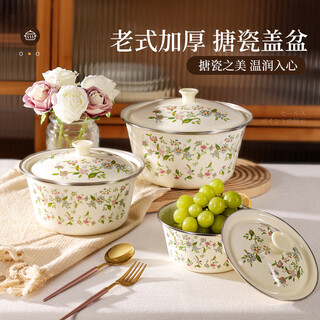 Newair enamel basin with lid, old-fashioned enamel basin, food grade thickened enamel, nostalgic extra thick, high-end and noodle dish basin, large flower language/enamel basin with lid-small size-16cm