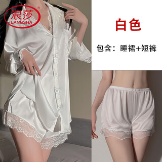 浪莎轻奢男友风睡衣女2025新款性感睡衣白衬衫睡裙夏季大码长袖家居服 白色+短-裤【蕾丝花边新款热卖 L 【建议120-140斤】