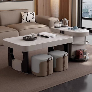 Yijing style multifunctional microcrystalline stone retractable kungfu coffee table modern living room household high-end kettle integrated tea table multifunctional kungfu coffee table with socket comes with kettle + purified water bucket + waste water bucket + 2 stools