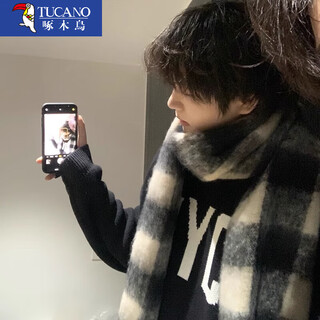 Woodpecker scarf winter men's style 2024 new seahorse hair black and white plaid korean couple warm thickened scarf female gift black