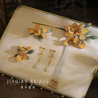 Sen uses new chinese style exquisite classical handmade velvet flower long tassel bride wedding xiuhe headdress cheongsam dressing gown and makeup and hair accessories velvet flower tassel headdress - yellow