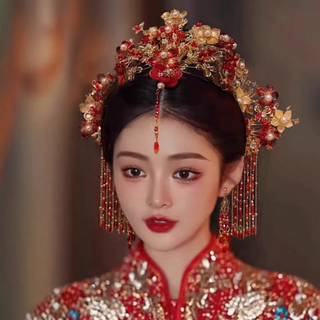 Chishe xiuhe clothing headdress chinese style bridal phoenix crown 2025 new red bow glazed hair crown ancient style wedding hair accessories c main crown + back area + hairpin + earrings gift box
