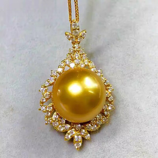 Fat donglai's same style imitation south sea gold bead pendant, rich gold color, single 14 perfect round bright seawater pearl 14mm gold bead pendant