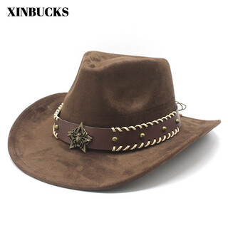 Xinbucks western cowboy hat top hat men and women european and american punk style riding jazz hat minority style woolen curly brim hat brown (unisex)