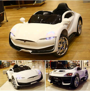 Awz tesla children's electric car, four-wheeled car, baby toy battery car, can sit on an adult-controlled stroller, white + four-wheel drive 12v6a + swing + leather seat, music, lifetime warranty