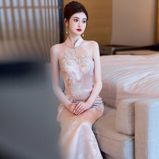 Seasonal cheongsam wedding dress new chinese style fishtail bride 2025 new texture pink back door wedding engagement banquet toast dress pink m