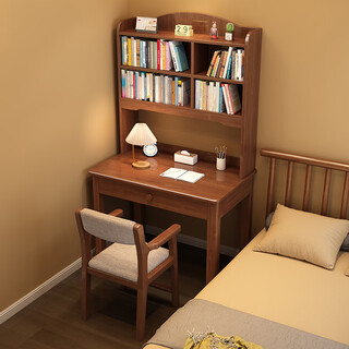 Meiyixuan solid wood desk and bookshelf integrated home simple computer desk bedroom children's study table small apartment bedside writing table walnut color # single desk with bookshelf 70cm*60cm*180cm