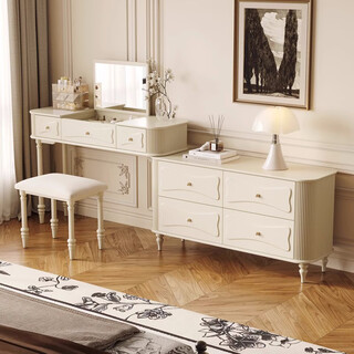 Junchuang french retro black solid wood chest and dresser integrated high-end second-hand bedroom small apartment with dresser mirror 1.2 dresser + 1.2 chest + stool ivory white