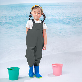 He jiagong children's water play one-piece waders, kindergarten waterproof clothes, rain boots for boys and girls, fish rain, children's dark green suspenders, size m 21 (shoe inner length 14.5c)