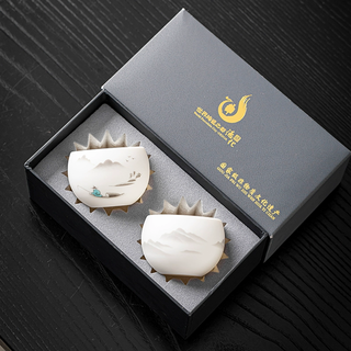 Good kiln mutton-fat jade teacup set mid-autumn festival for teachers, dads, birthdays, colleagues and friends as a company relocation and resignation gift. mutton-fat jade pair of cups <ink and distant mountains>/next day delivery 150ml. practical as a retirement and resignation gift for colleagues and friends.