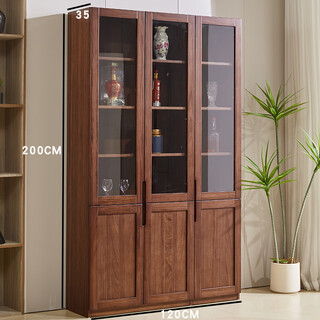 Yuanlin beam solid wood bookcase study room with glass door bookshelf wall storage rack walnut storage cabinet new chinese display cabinet 120-33-200cm walnut bookcase