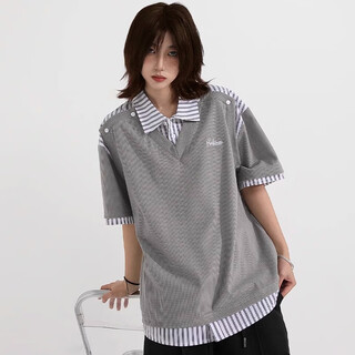 Hualin fashion henry lapel striped splicing fake two-piece short-sleeved shirt men's summer new loose neutral shirt collar t-shirt gray 2xl