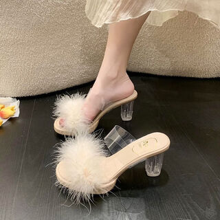 In the glimmer, transparent high-heeled sandals, furry slippers, women's autumn and winter outdoor wear, french style waterproof platform thick heel one-line sandals, apricot color 7cm size 39