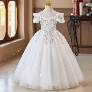 Annie youer girls dress princess dress wedding flower girl child host catwalk birthday piano performance costume white 110