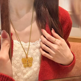 Youshu new 18k gold pendant ancient butterfly necklace women's new chinese enamel pendant gift versatile wei xue's same style gold enamel filigree butterfly pendant (wei xue's same style)