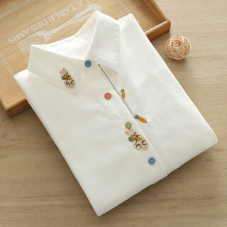 Oein muhua lane women's wear literary fresh cartoon embroidery rabbit carrot colorful buttons front shoulder brushed white shirt women's long white pure cotton long sleeve 175 l 120-130jin jin is equal to 0.5 kg