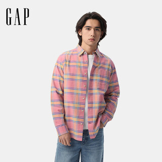 Gap men's 2025 spring new basic cotton lapel long-sleeved shirt regular top us version 488512 pink plaid xs us size s asian size 175/88a