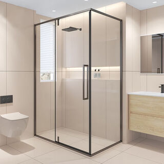 Fancychic can customize minimalist l-shaped bathroom glass partitions for bathing, flat door shower rooms, high-end private customization, matte black stainless steel frosted glass, high-end private customization