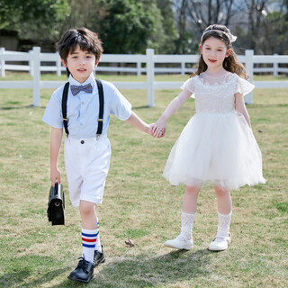 Nian lulan 2766 people praised children's performance costumes girls dance tutu skirt boys dress primary school graduation clothes boys tops + pants + bow tie + suspenders + socks 120
