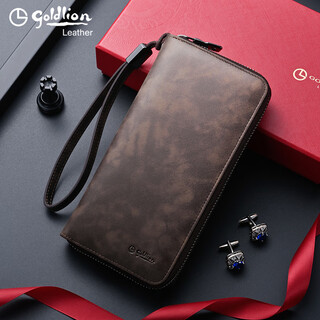 Goldlion clutch men's 2025 new genuine leather long wallet large capacity fashion trend retro cowhide men's mobile phone bag brown small bag